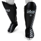 SP5 Fairtex Black Shin Pads - White, Black, Red & Blue